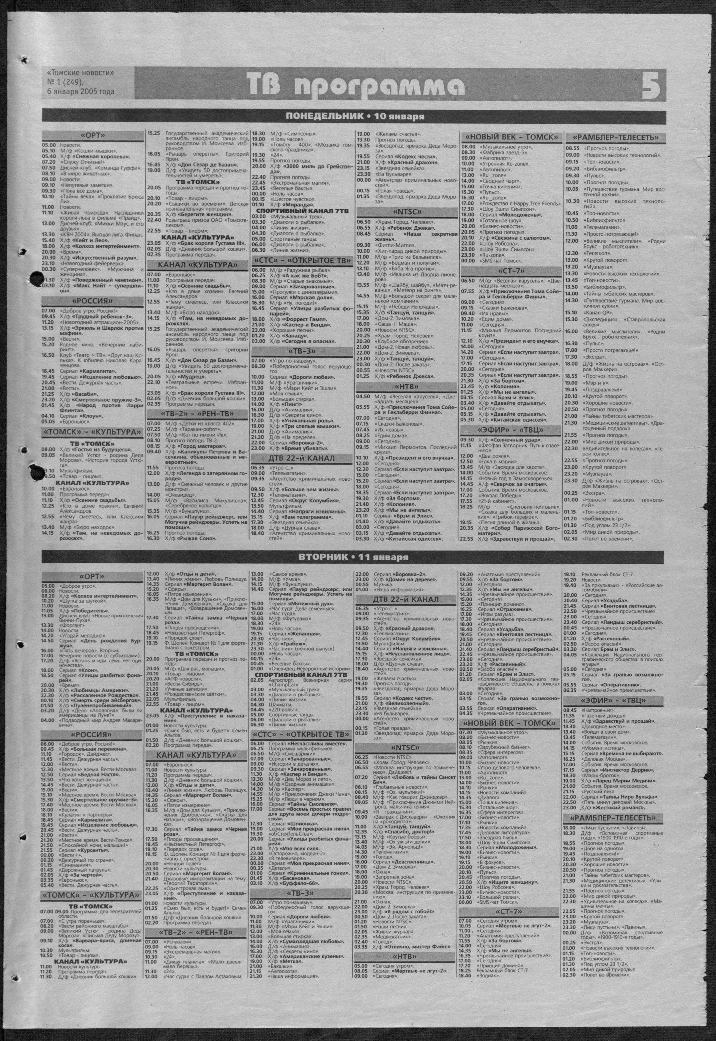 Программы телеканала НТВ, за 2005 год